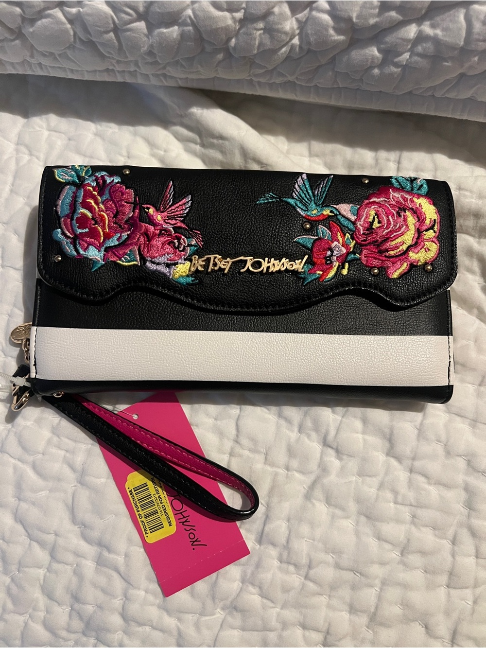 Betsey Johnson Black White Floral & Hummingbird Wristlet Wallet